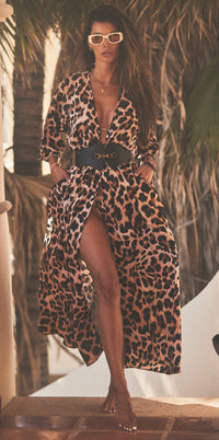 V-front Pocket Slit Dress Coverup in Tan Leopardess